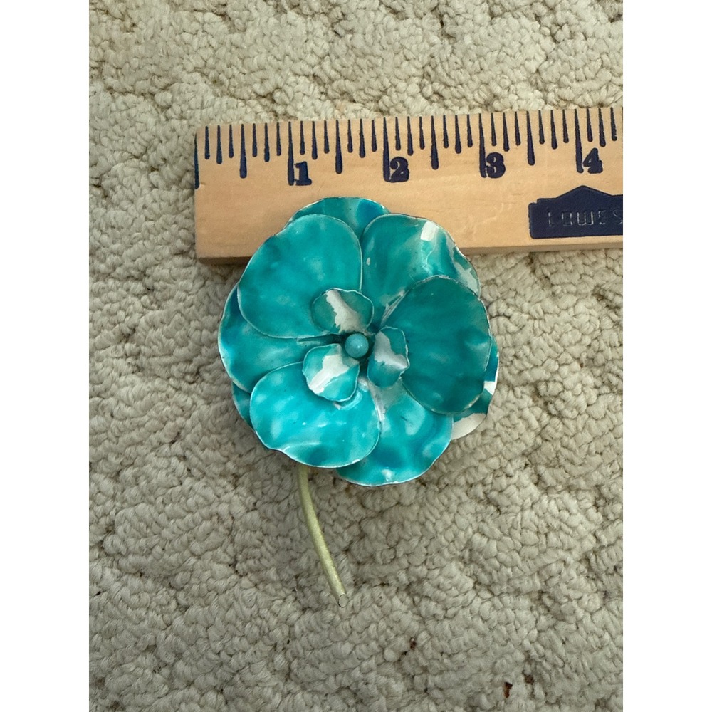 Vintage Turquoise Enamel Flower Brooch Pin Mid Century Modern Floral Retro 4in